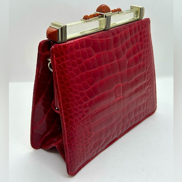 Judith Leiber Red Alligator Crocodile Clutch Shoulder Bag VERY RARE - Picture 4 of 12